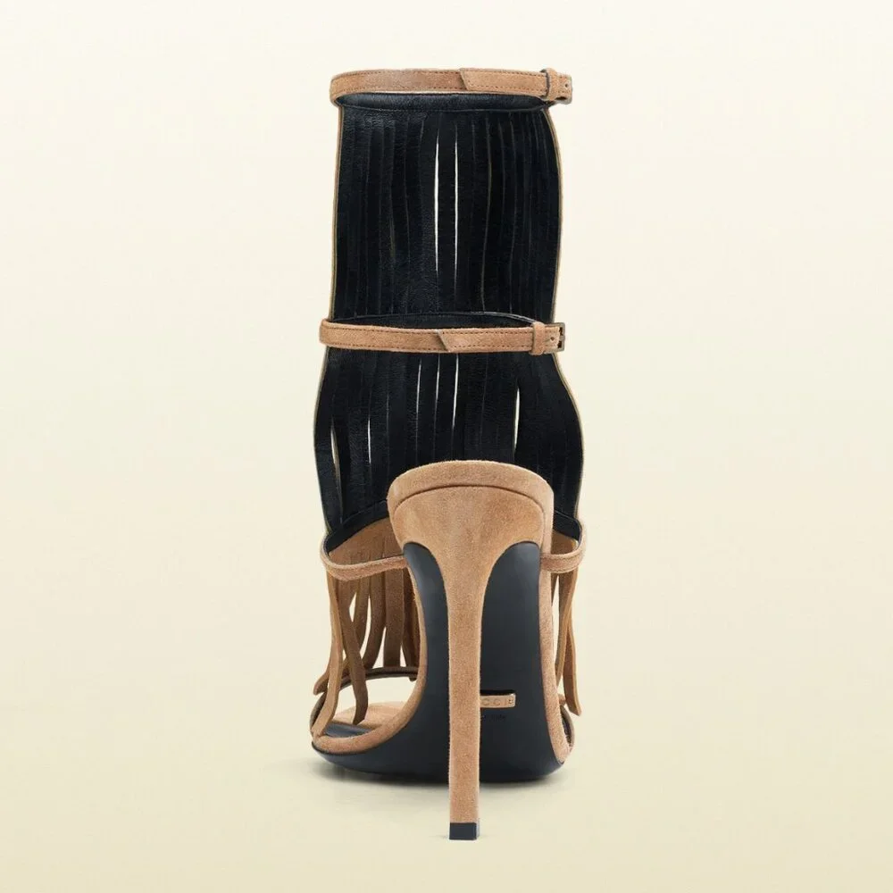 GUCCI SHOES BECKY BEIGE SUEDE FRINGED HIGH HEEL SANDAL sz 36.5 / 6.5 - Picture 6 of 9